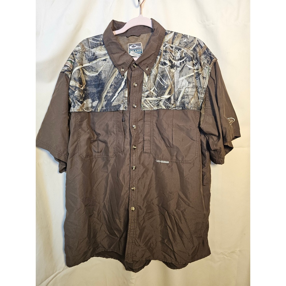 Drake Waterfowl Mens XL Brown Realtree MAX-5 Camo Hunting Shirt Short Sleeve